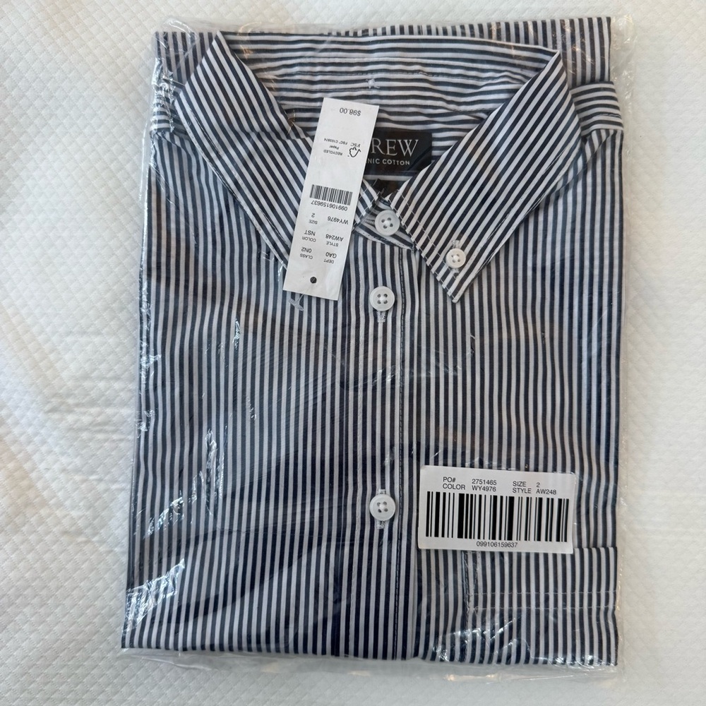 NWT J.Crew Women's Organic Cotton Blue White Stripe Button-Down Shirt Size 2